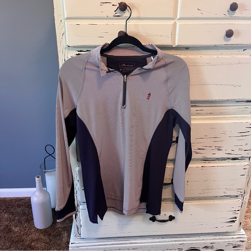 Peter Millar Women’s Navy, Green and White Striped Pullover. Size medium.